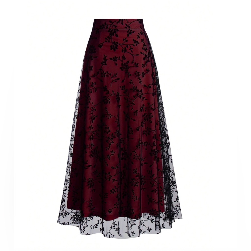 Floral Flocking Tulle Long A-Line Skirt Red - Picture 7 of 12